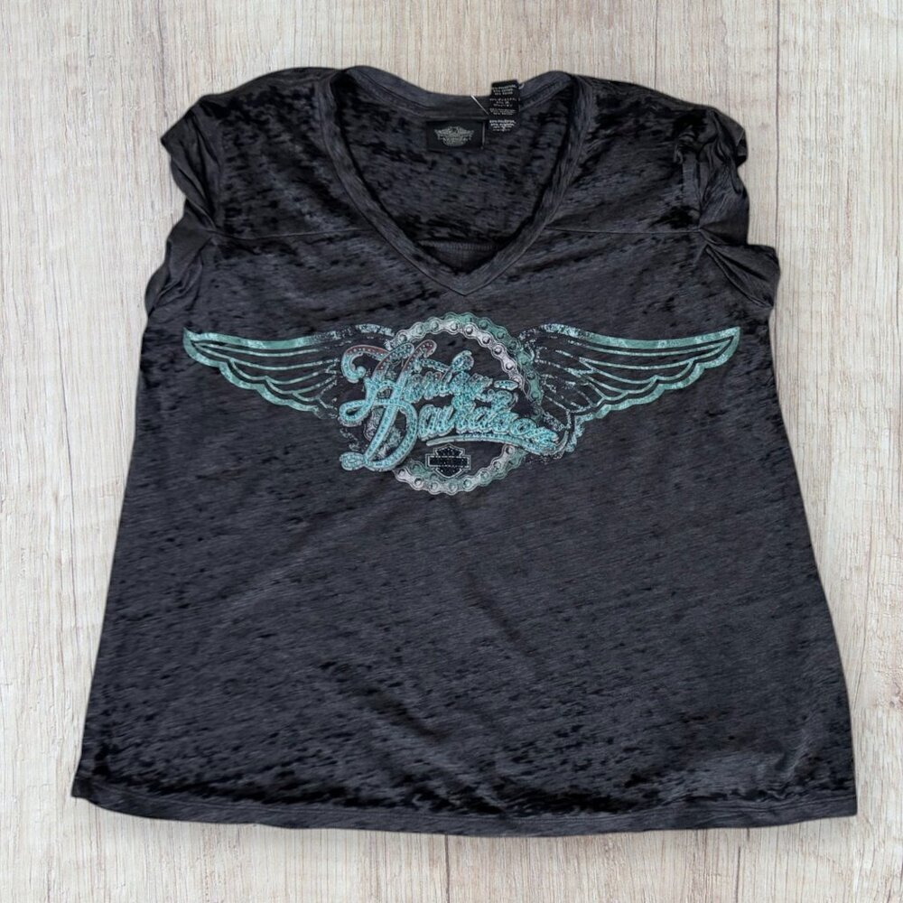 *HARLEY DAVIDSON Burnout Black Oversized V-Neck Teal Rhinestone T-Shirt Top S